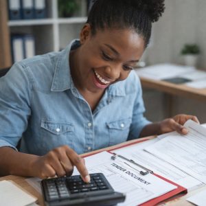 Female catering business owner reviewing tender documents while checking costs on a calculator.
