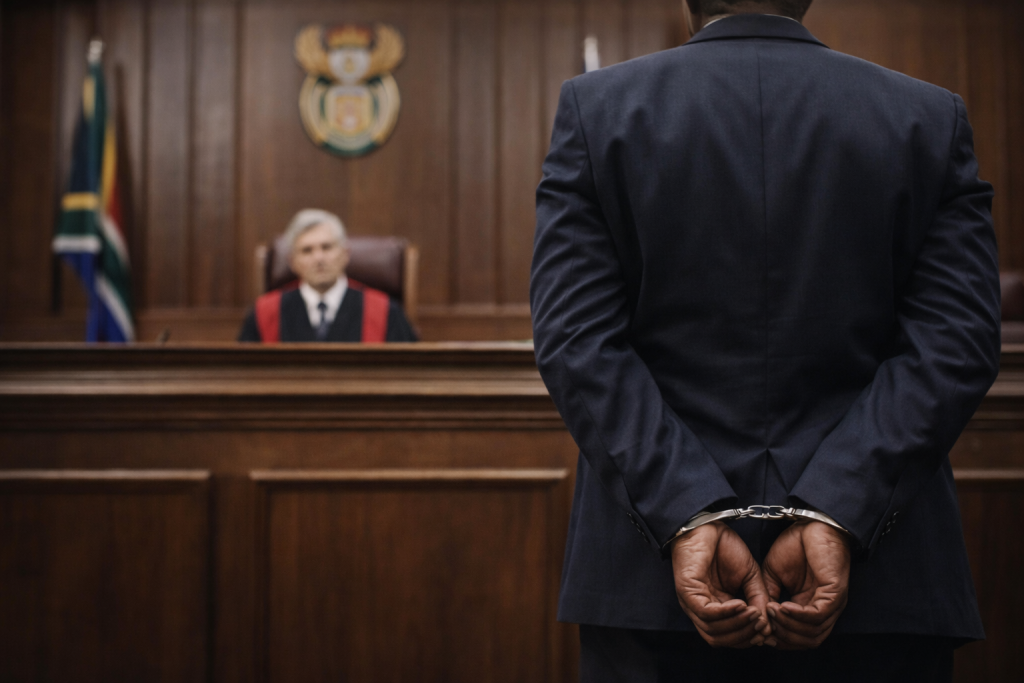 Man standing with his back to the camera, hands in handcuffs, facing a judge in a South African courtroom, representing legal consequences of bribery in procurement.