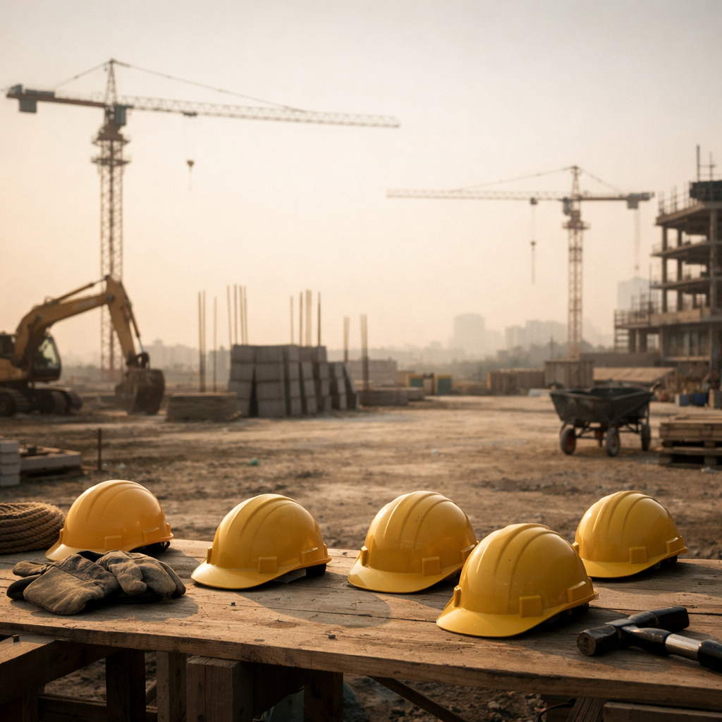 Construction site with unused hard hats and equipment, highlighting labour shortages and capacity risks after winning a tender.