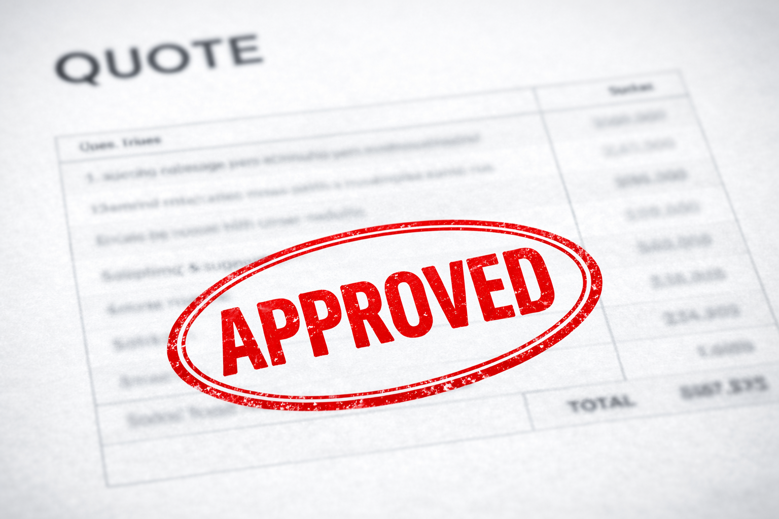 Approved catering quote document with blurred line items and total value, showing a large red approved stamp