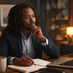 African entrepreneur with shoulder-length dreadlocks planning business strategy at desk